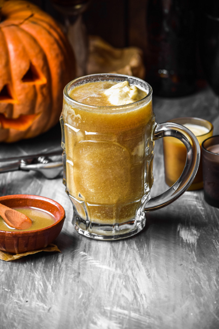 butterbeer ice cream floats with coconut caramel ice cream (vegan+gf)