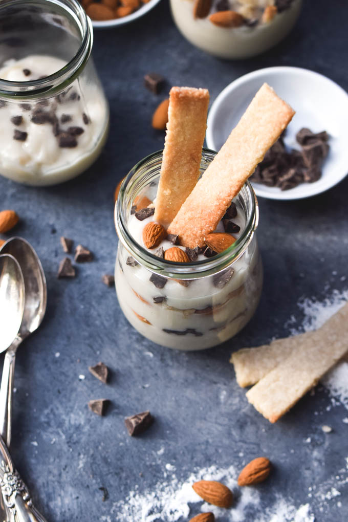 almond joy pudding parfaits & coconut sable cookie dippers