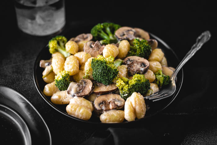 mushroom broccoli and creamy gnocchi